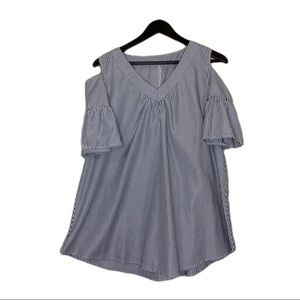 Tickled Teal XL Cold Shoulder Blouse with a Lengthwise Black & White Thin Stripe